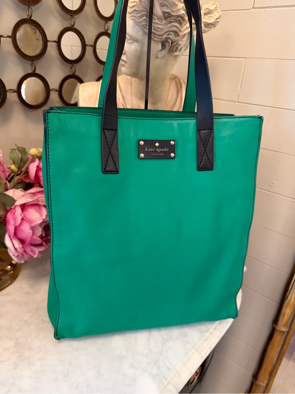 kate spade emerald green and black leather tote with dual top handles